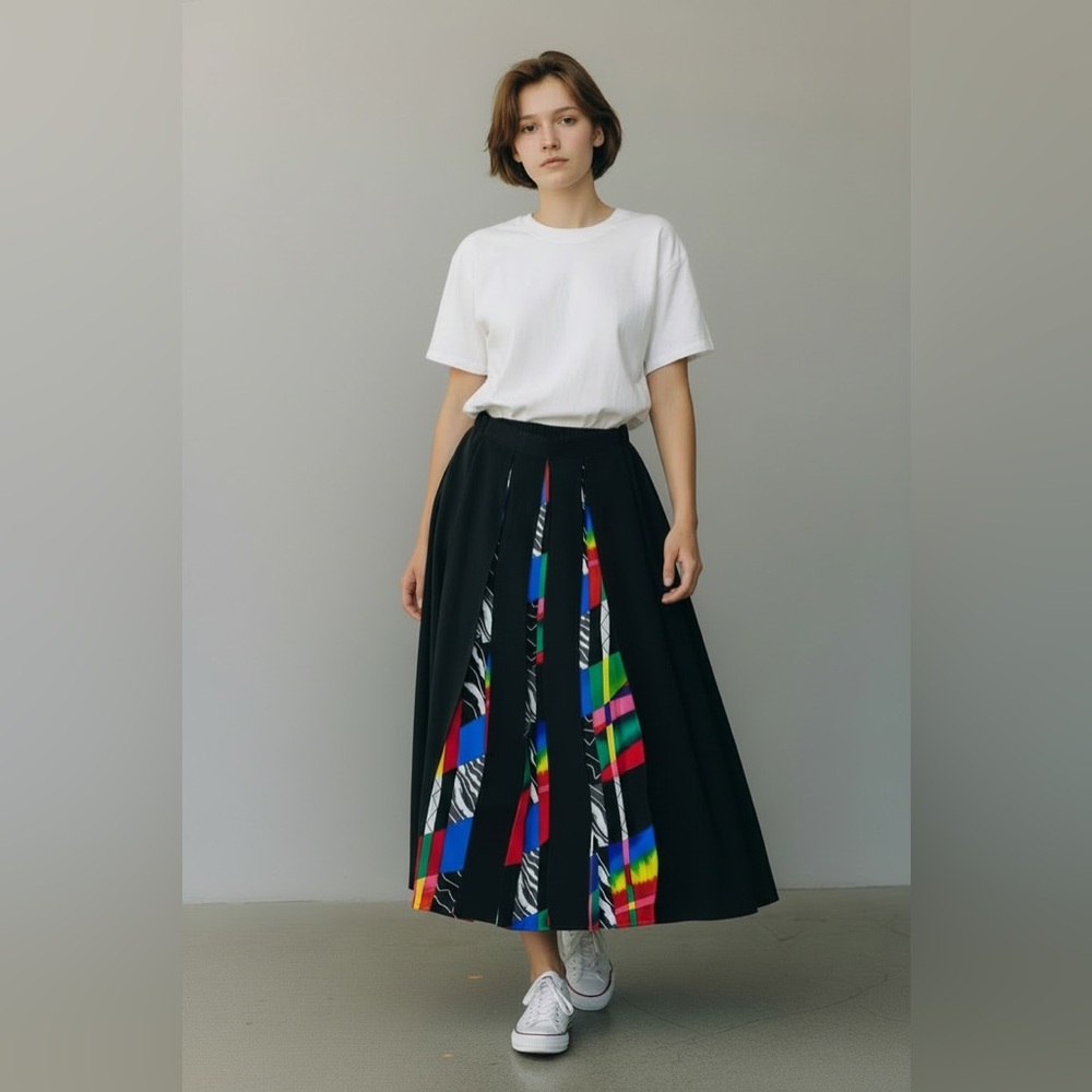 Vintage Starfire Pleated Skirt Black Rainbow 80s Stranger Things High Rise Midi